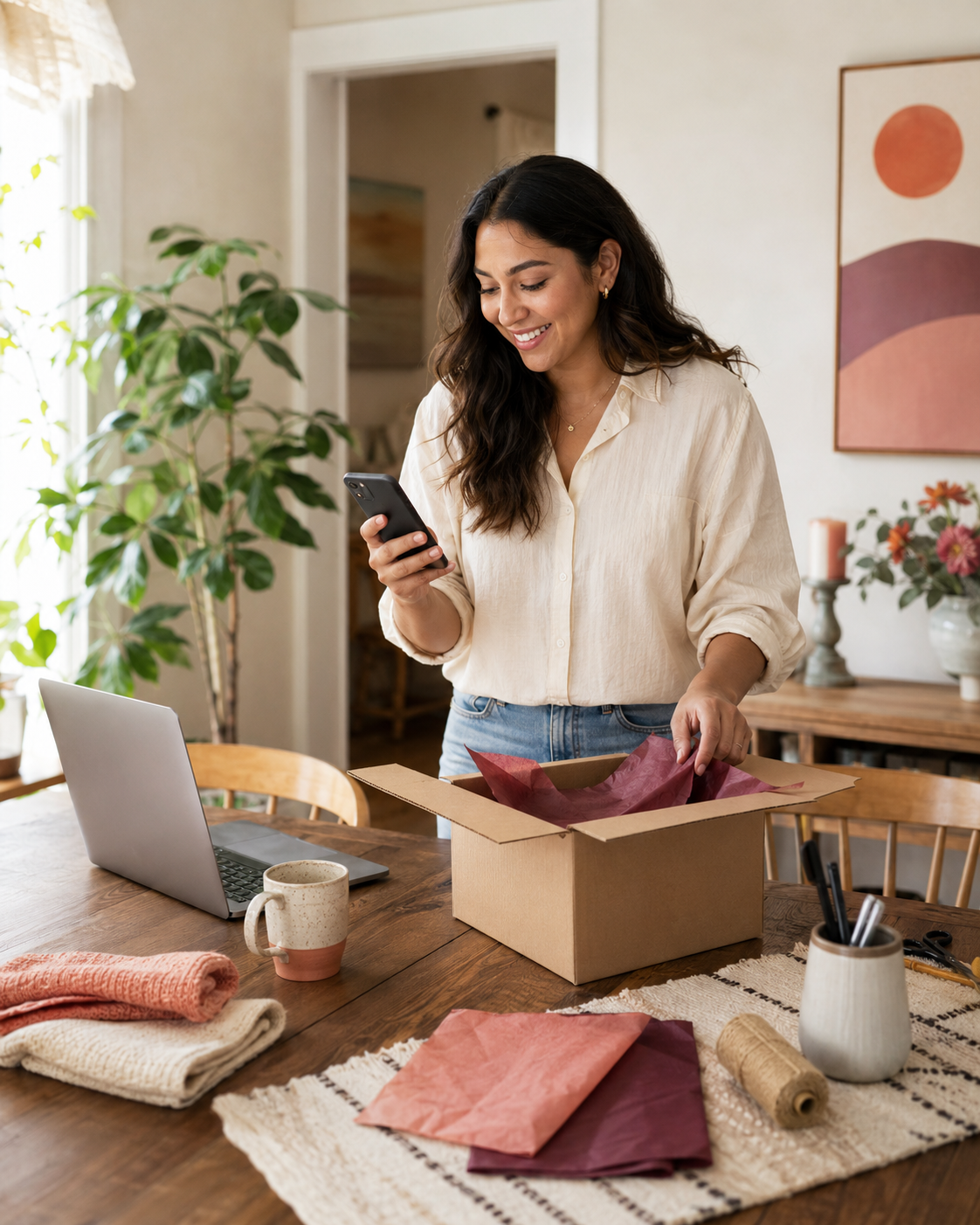 Small business owner packing a customer order