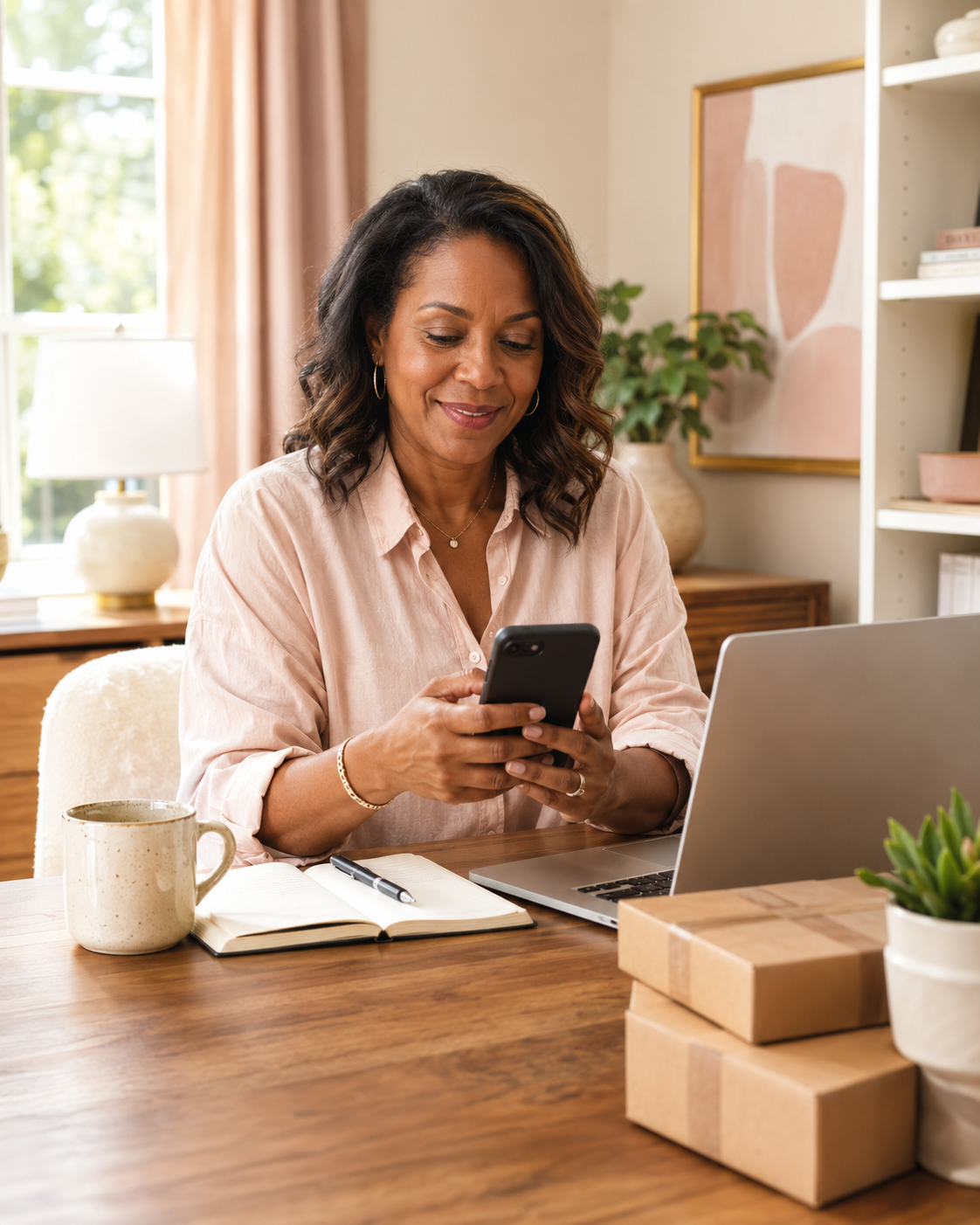 Woman building her business from her smartphone